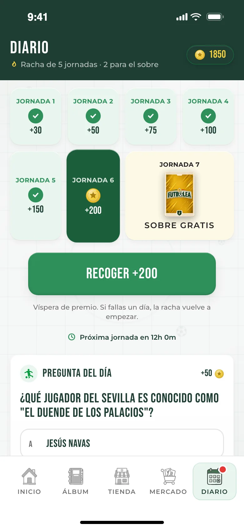 Diario con la racha de jornadas y la pregunta del día