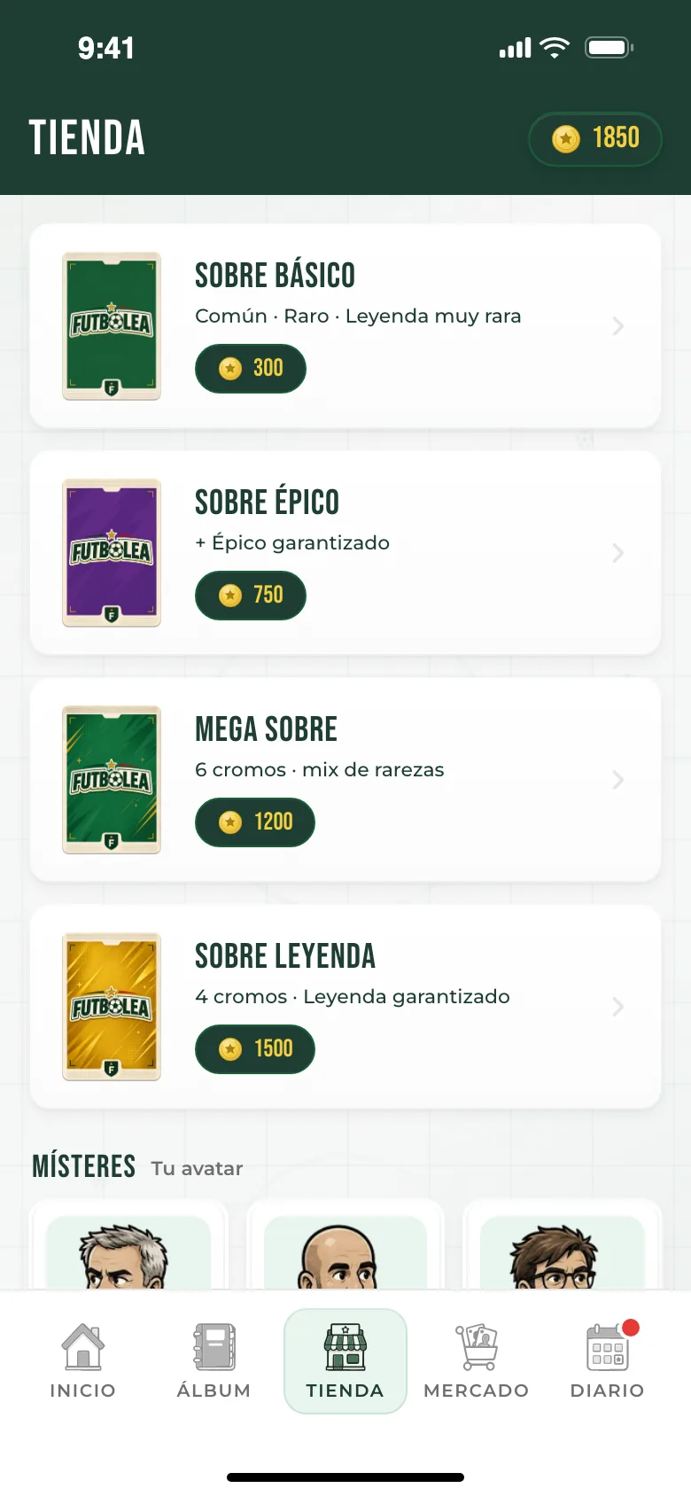 Tienda con los cuatro sobres y los místeres
